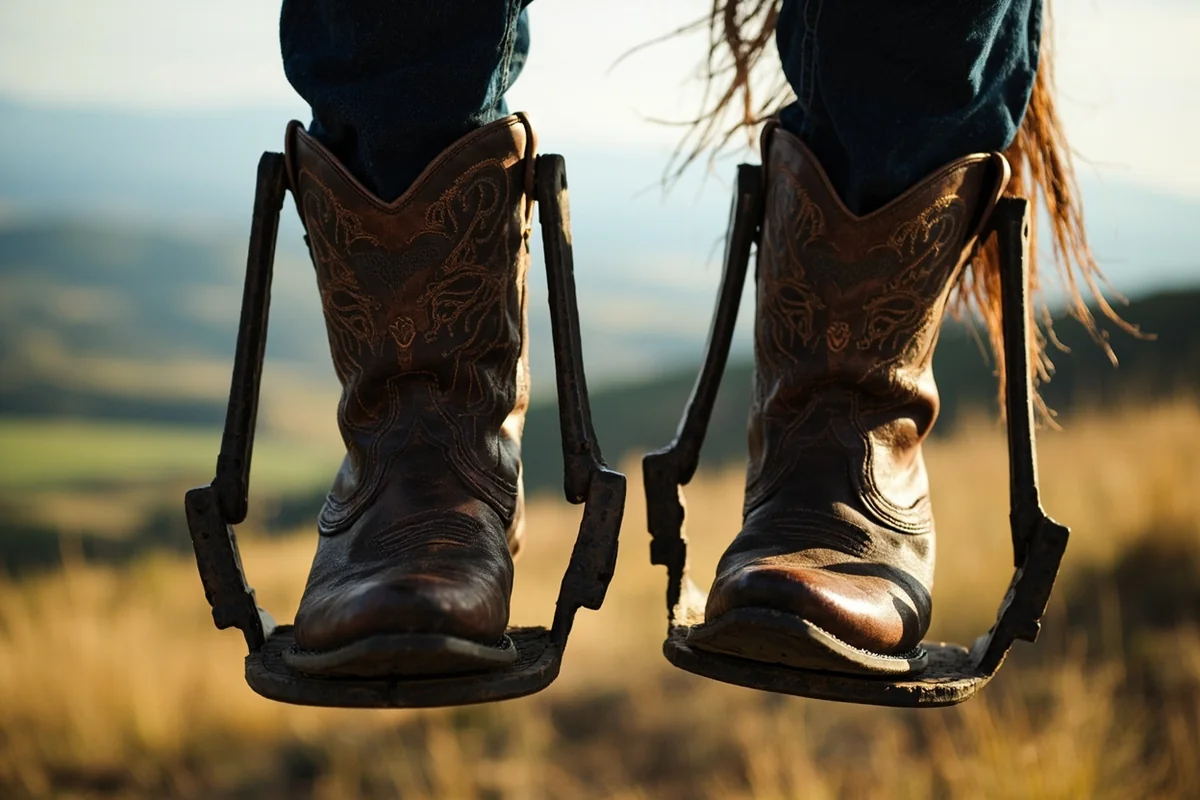 Close-up of cowboy boots in stirrups with Montana valley visible below