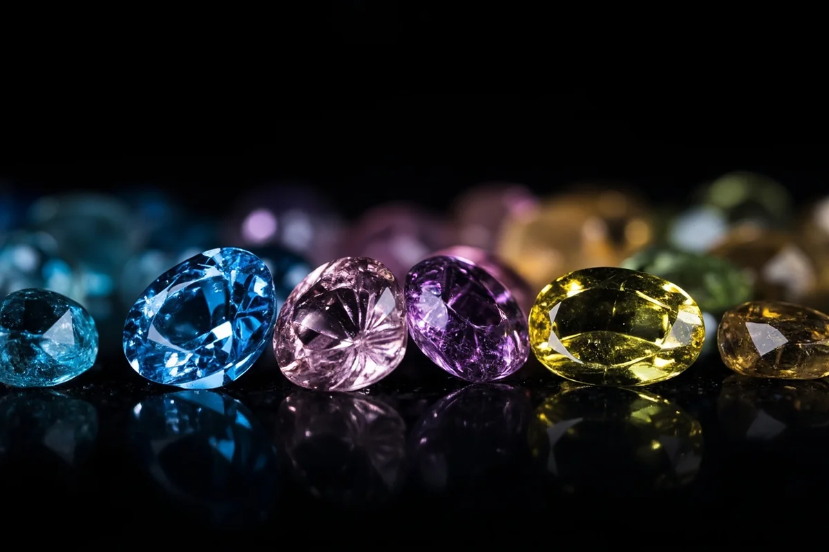 Close-up of cut and polished Montana sapphires in various colors including blue, pink, green, and yellow against a dark background