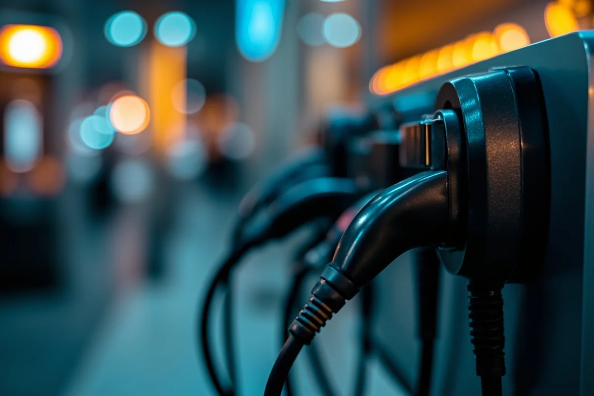 Close-up of DC fast charging station with multiple connector types
