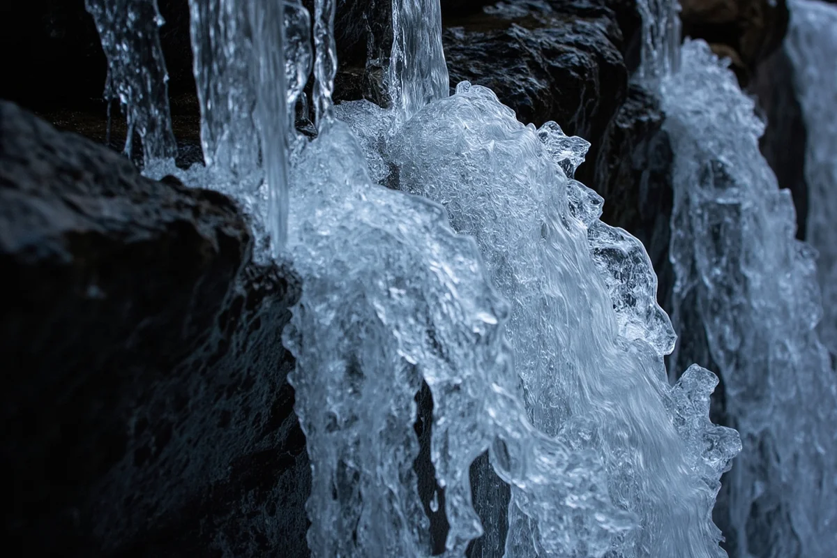 Close-up of Gros Ventre Falls cascade showing water detail against dark rock face