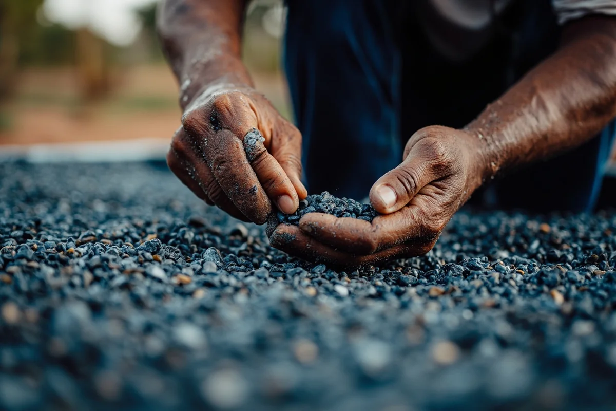 Close-up of hands sorting through gravel at washing station, sapphires visible