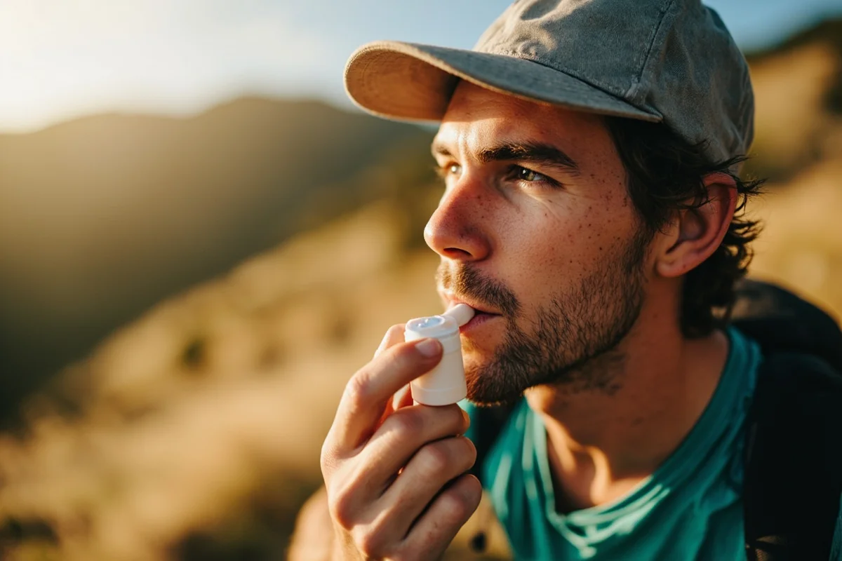 Close-up of hiker applying sunscreen or lip balm on a sunny Montana trail