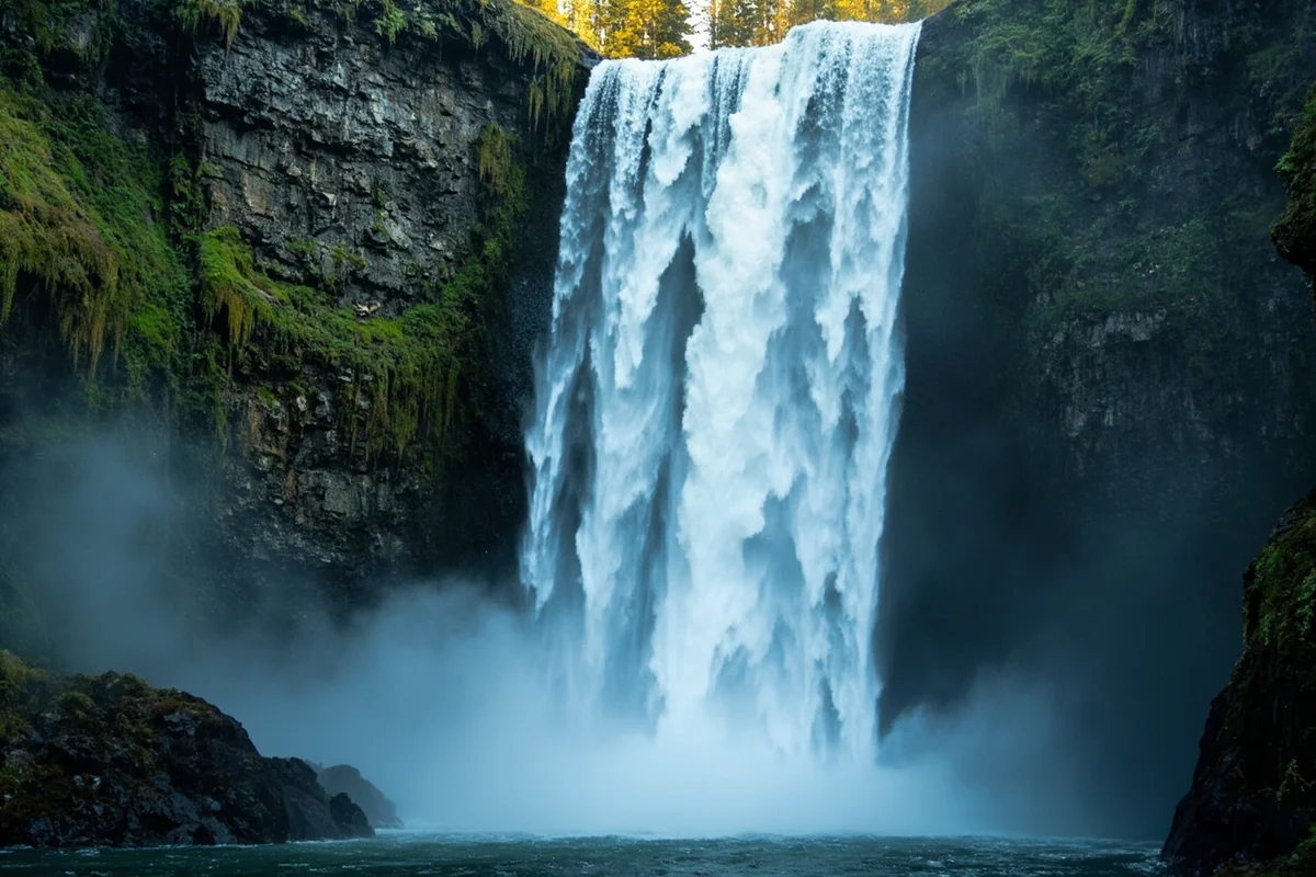 Close-up of Holland Lake Falls showing the 40-foot drop, mossy cliff face, and mist rising from the base