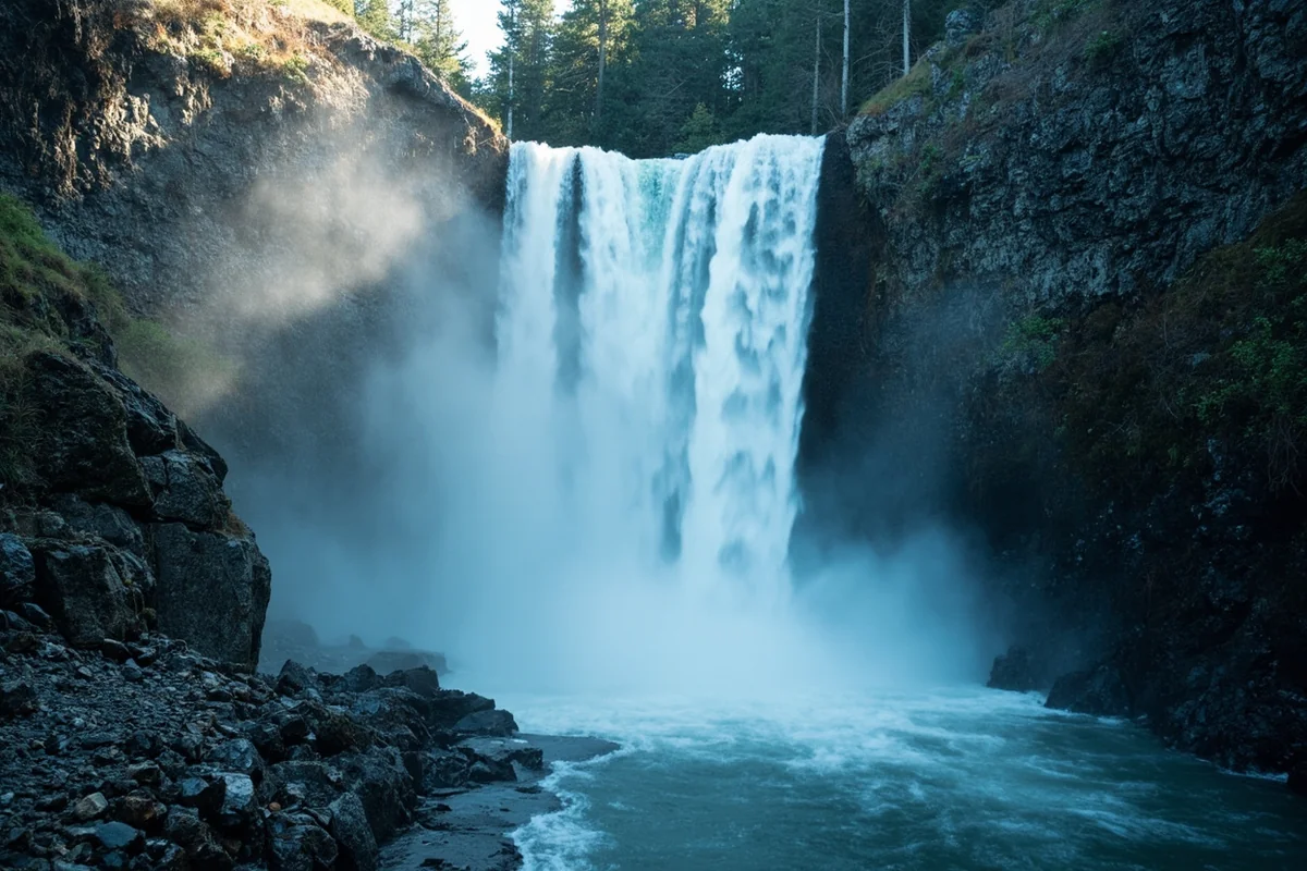 Close-up of Impasse Falls main cascade with mist and rocky walls