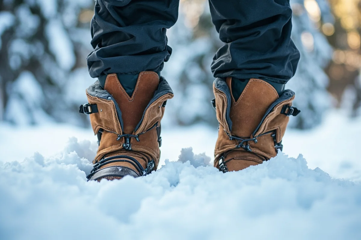 Close-up of insulated winter boots standing in deep powder snow with snow-covered forest in background