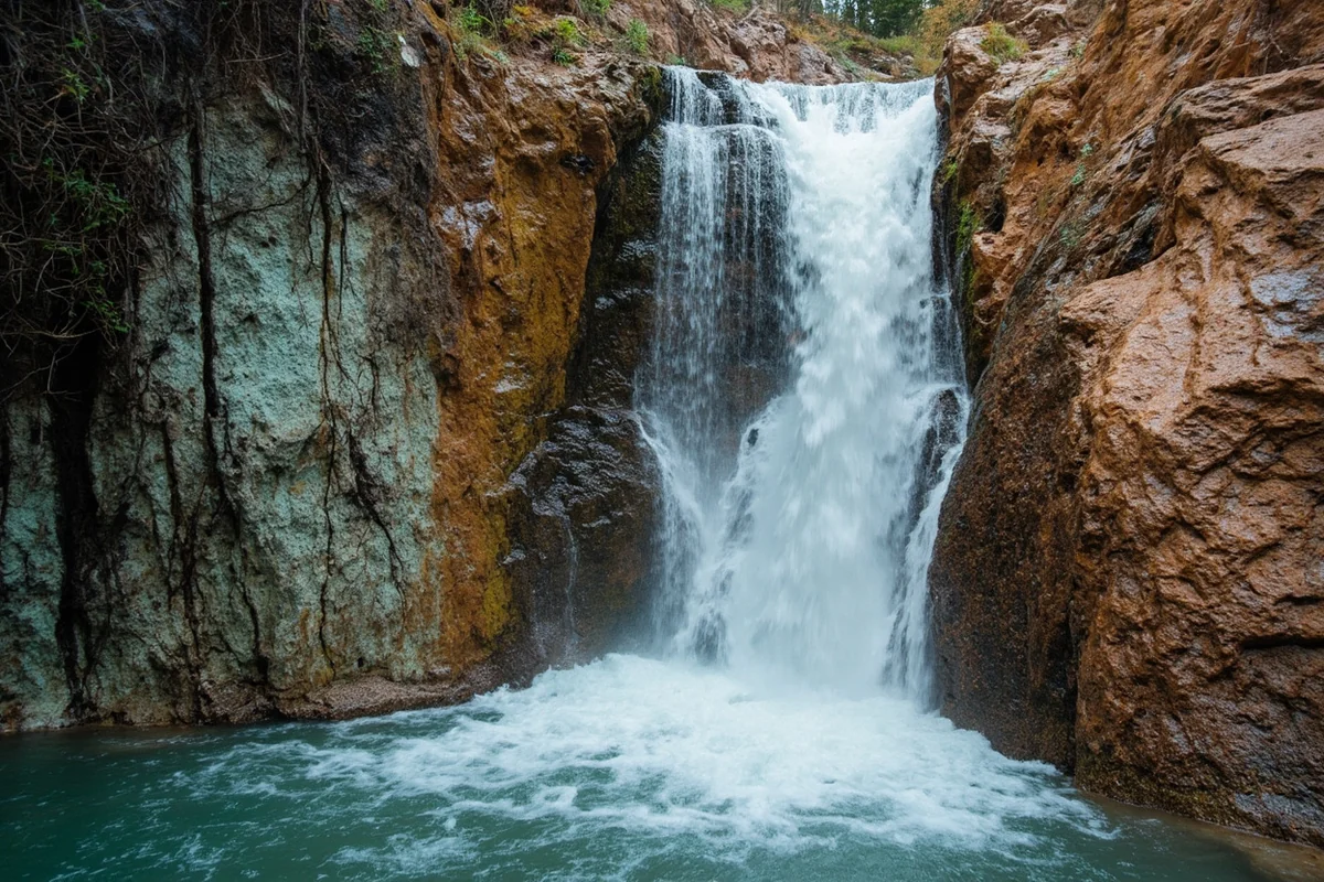 Close-up of Ipasha Falls showing water cascading over colorful argillite rock formations