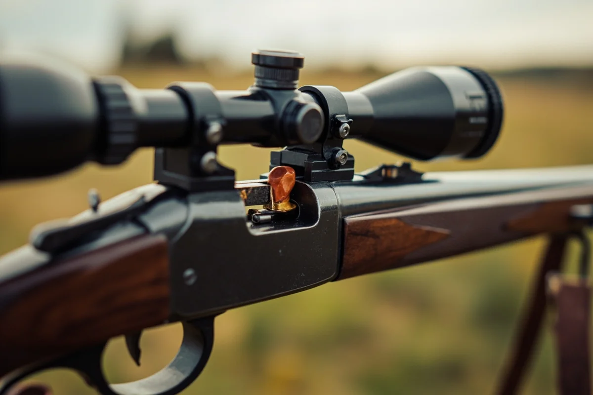 Close-up of legal Montana muzzleloader showing percussion cap ignition system and iron sights