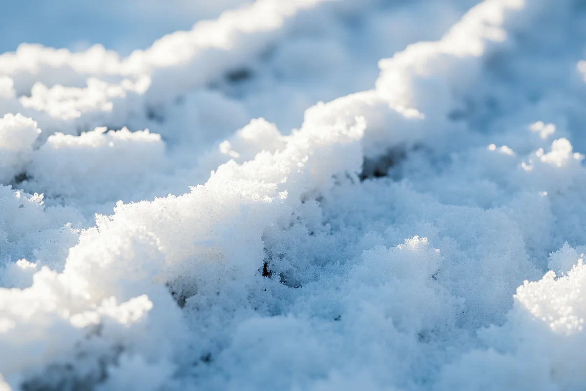 Close-up of light, fluffy Montana powder snow on skis, showing the dry crystal structure