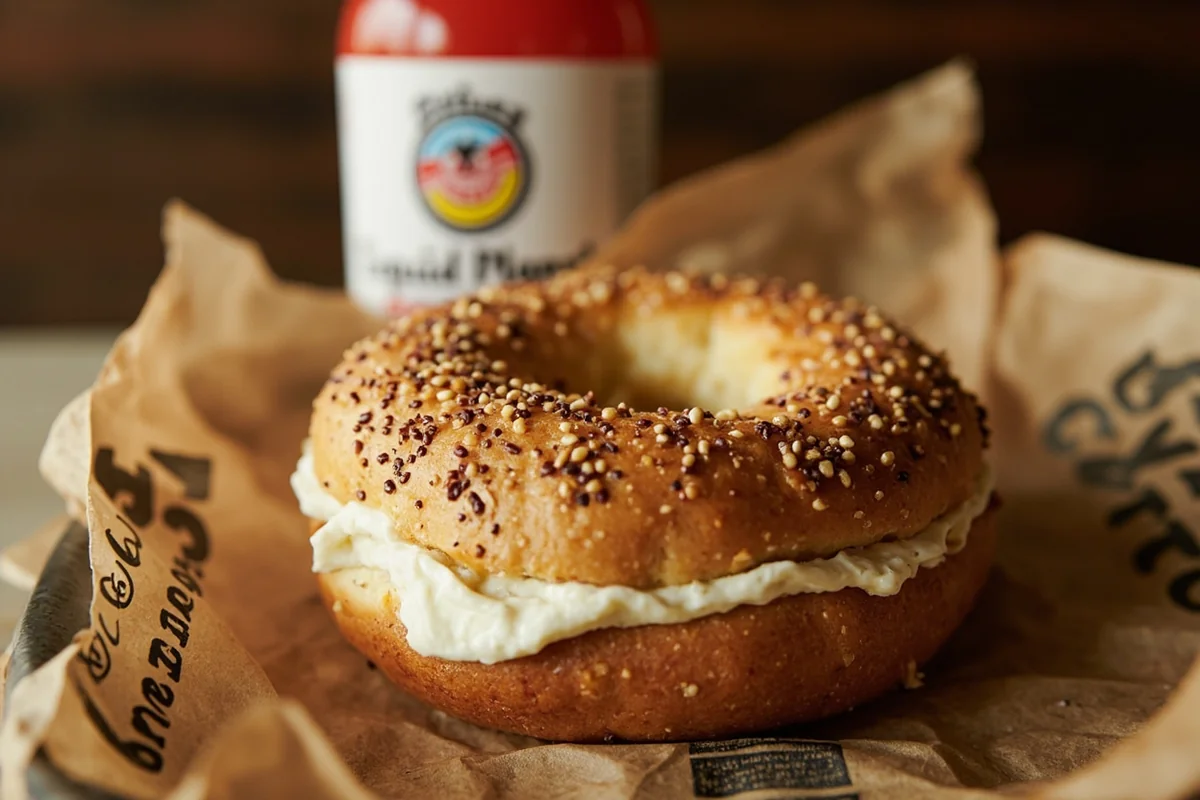 Close-up of Liquid Planet's everything bagel with cream cheese