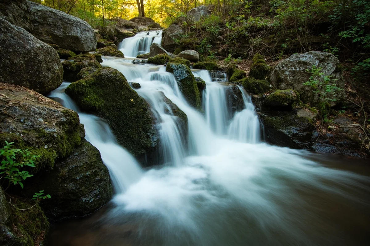 Close-up of Little North Fork Falls main cascade with moss-covered rocks