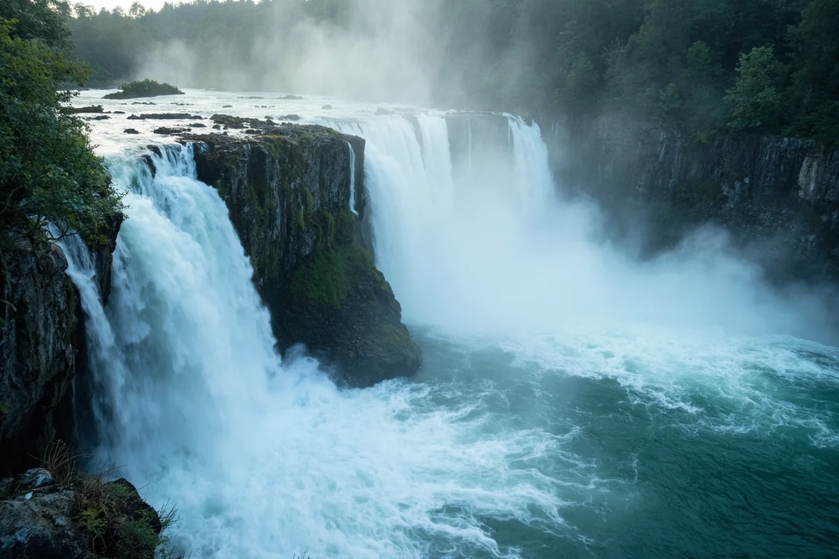 Close-up of Miche Wabun Falls showing the water cascading over rocky ledges with mist rising