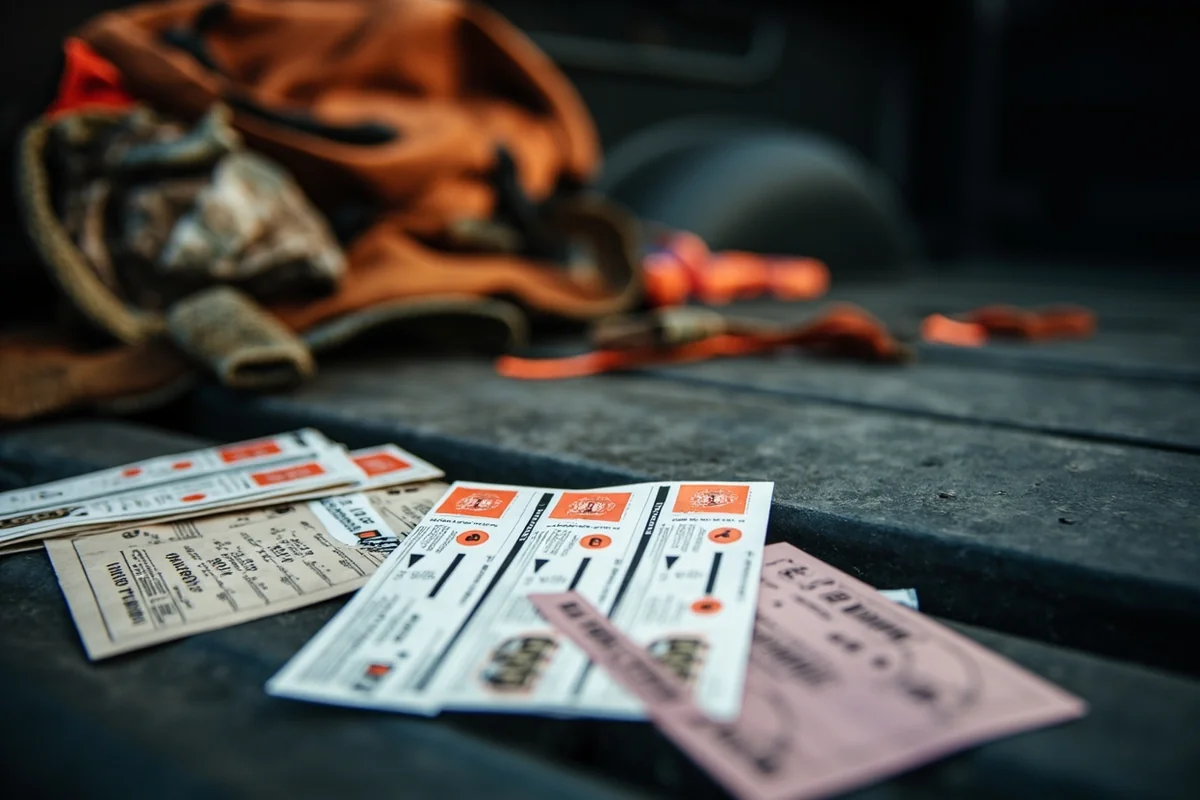 Close-up of Montana hunting licenses and deer tags laid out on a truck tailgate with hunting gear