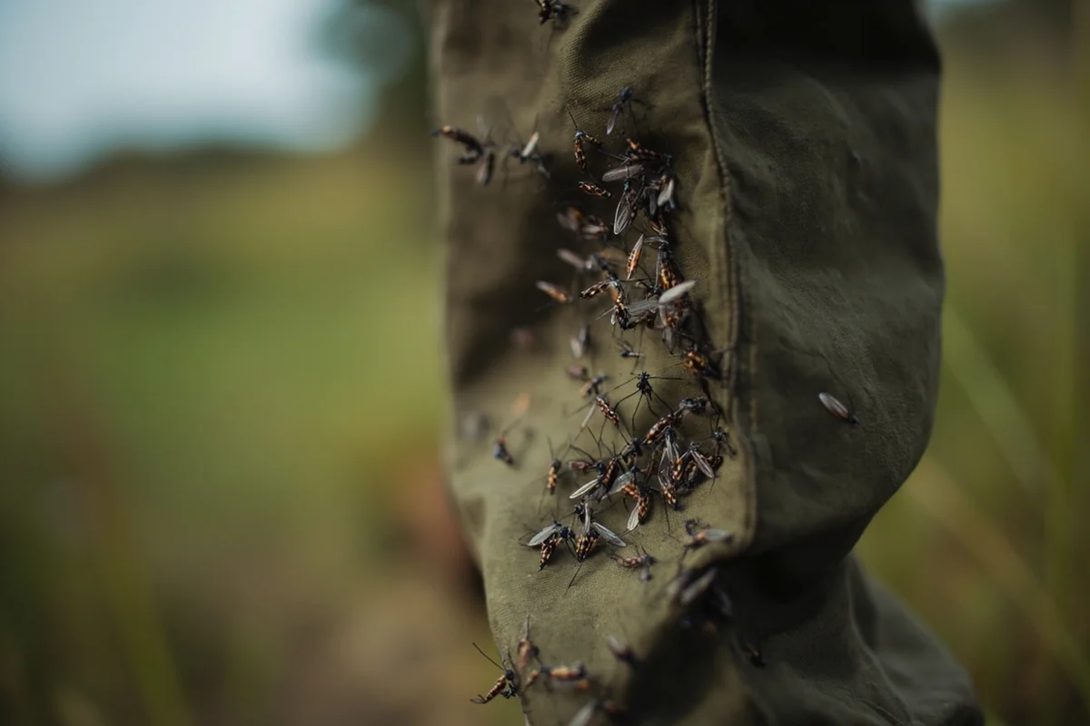 Close-up of mosquitoes on hiking pants, showing the intensity of bug activity