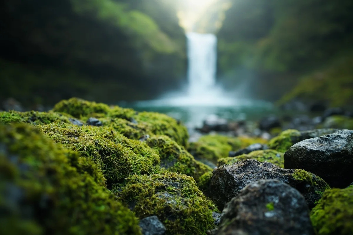 Close-up of moss-covered rocks with Lange Falls softly blurred in background