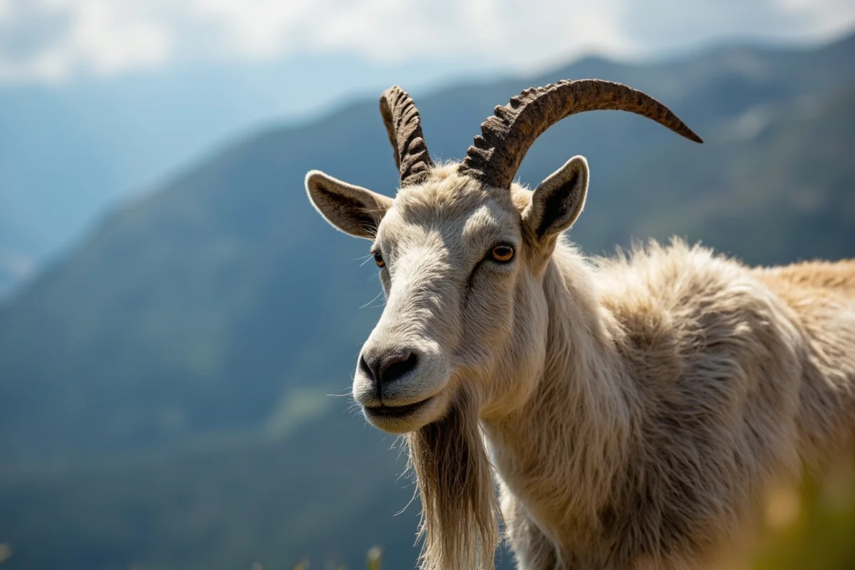 Close-up of mountain goat face showing distinctive beard and horns