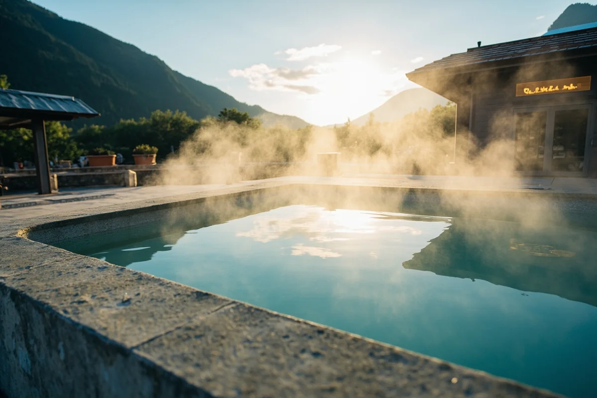 Close-up of one of Elkhorn's outdoor hot spring pools with steam rising, showing the rustic concrete construction and mountain backdrop