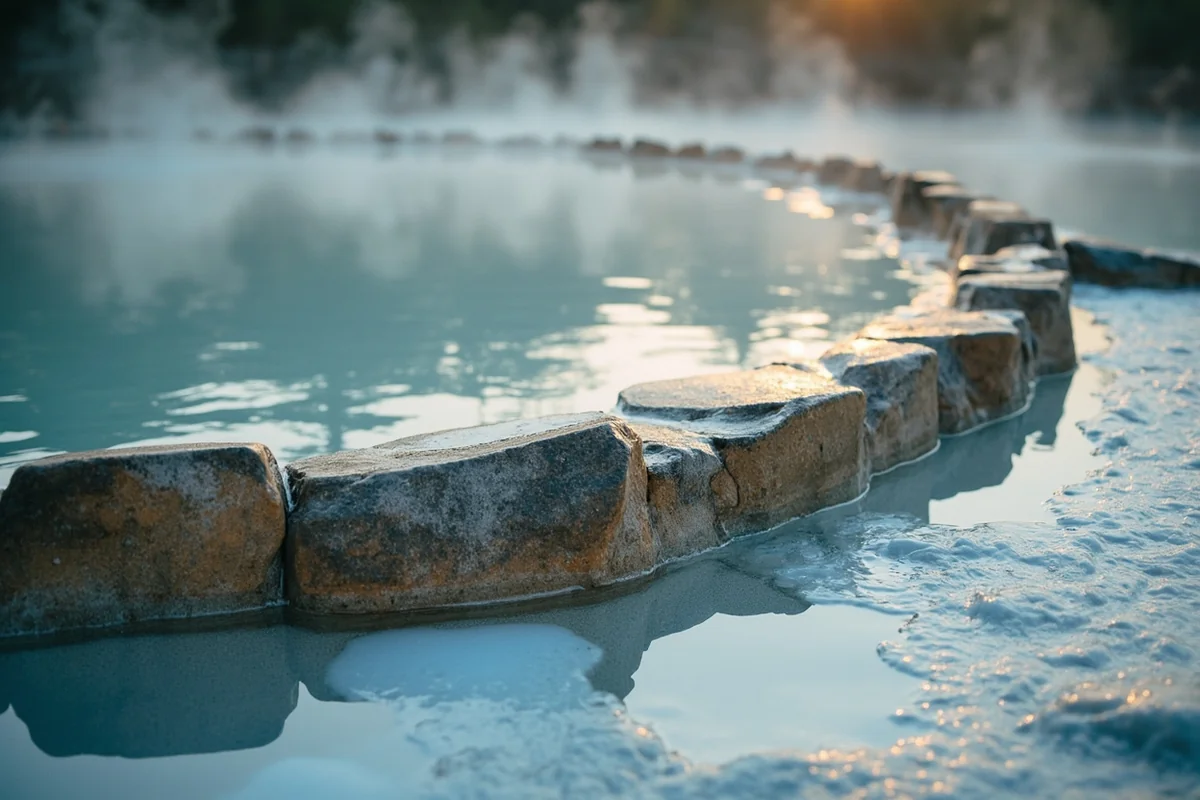Close-up of one of the rock-lined soaking pools showing the clear, steaming water and natural rock construction