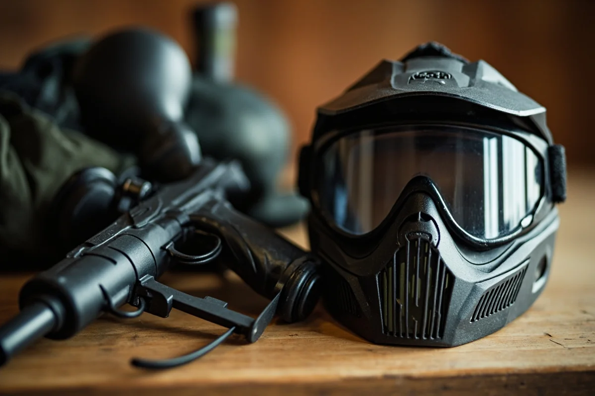 Close-up of paintball equipment including marker, mask, and hopper laid out on a wooden table at a Montana facility