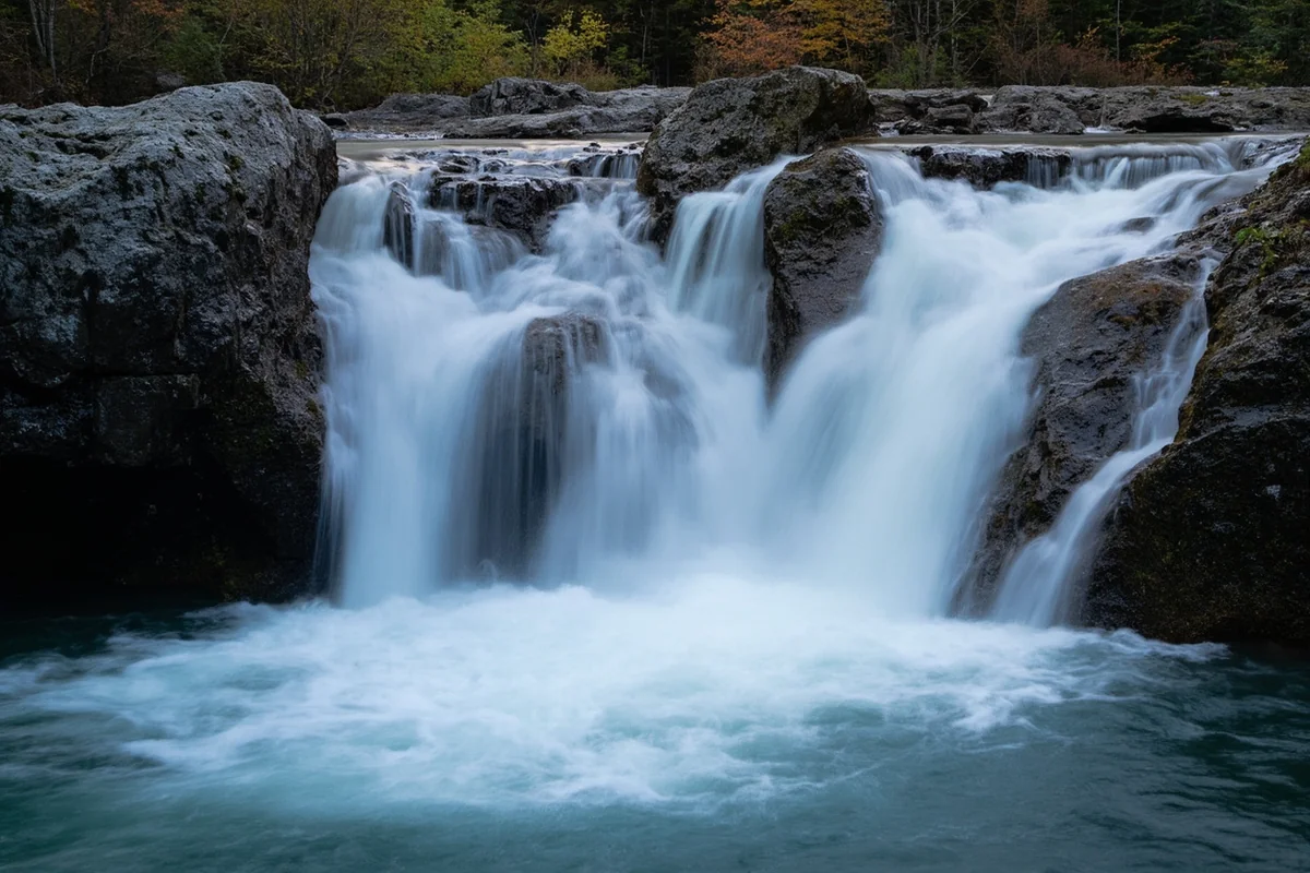 Close-up of Pintler Falls showing the split cascade and rock formations