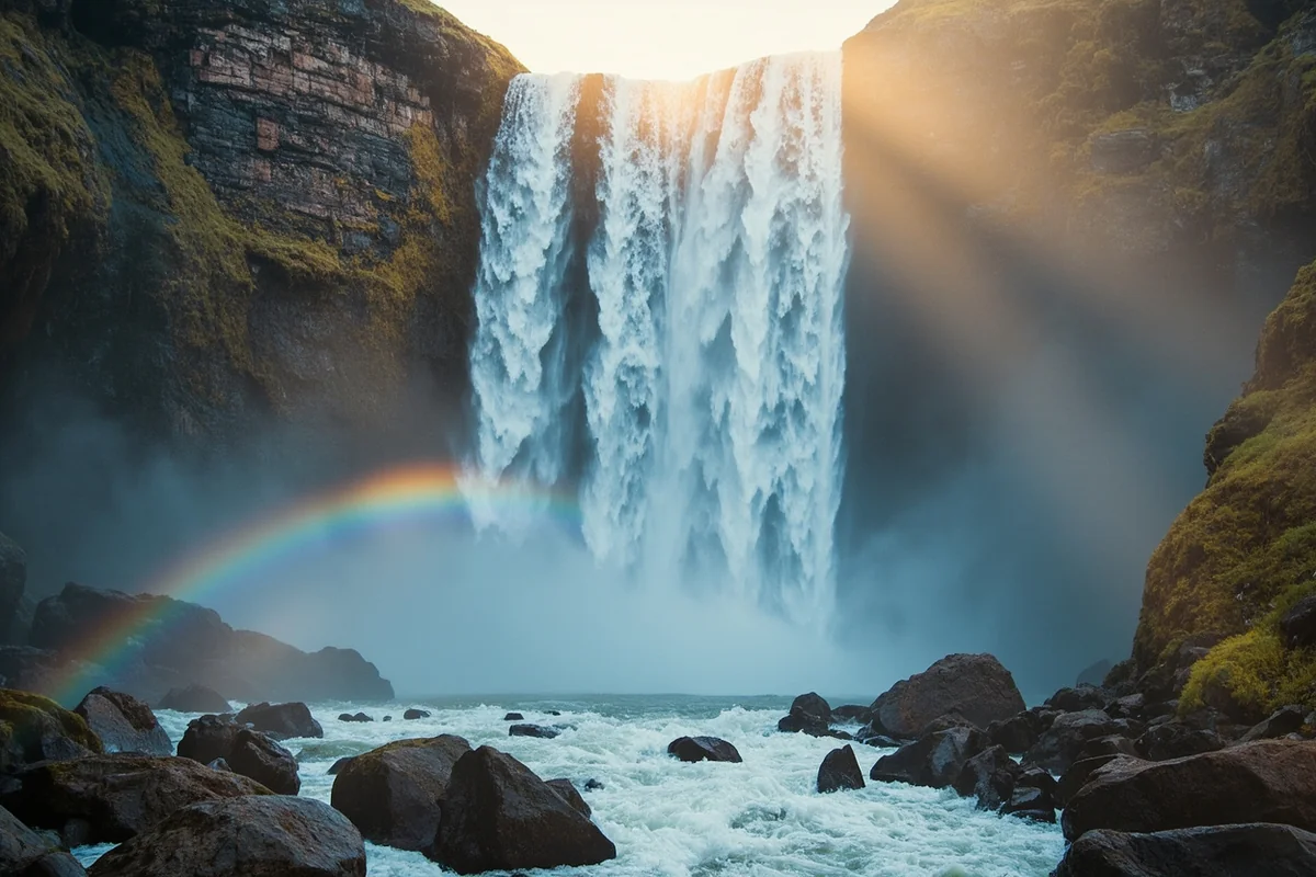 Close-up of Ptarmigan Falls with spray catching rainbow in morning light