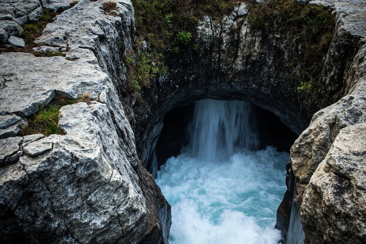Close-up of Raven Quiver Falls showing the narrow granite chute and water arc