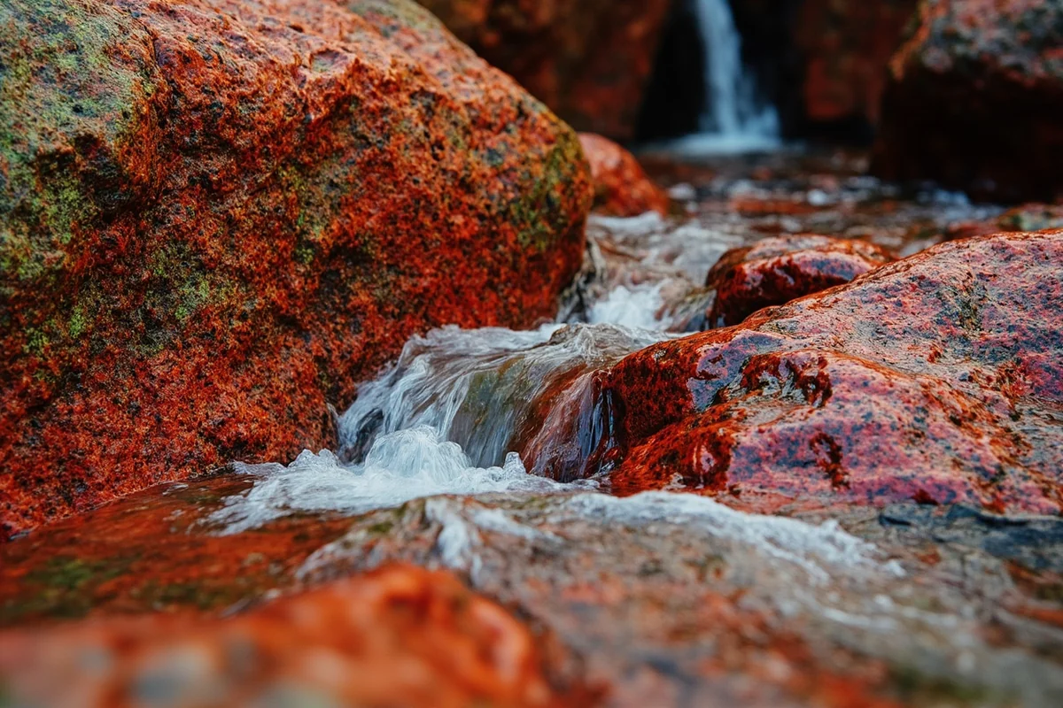 Close-up of red and green argillite rocks with water flowing over them at McDonald Falls