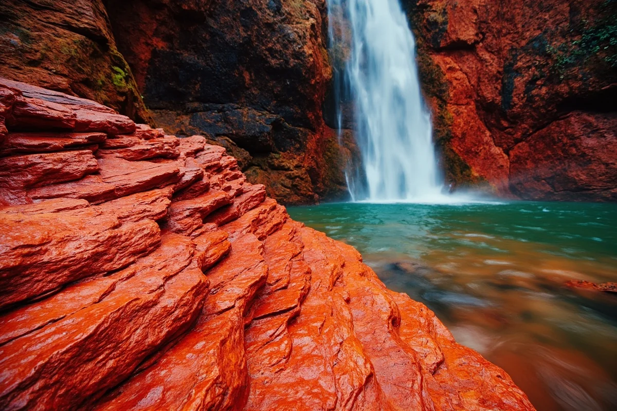 Close-up of red argillite rock formations near the waterfall showing the distinctive coloring