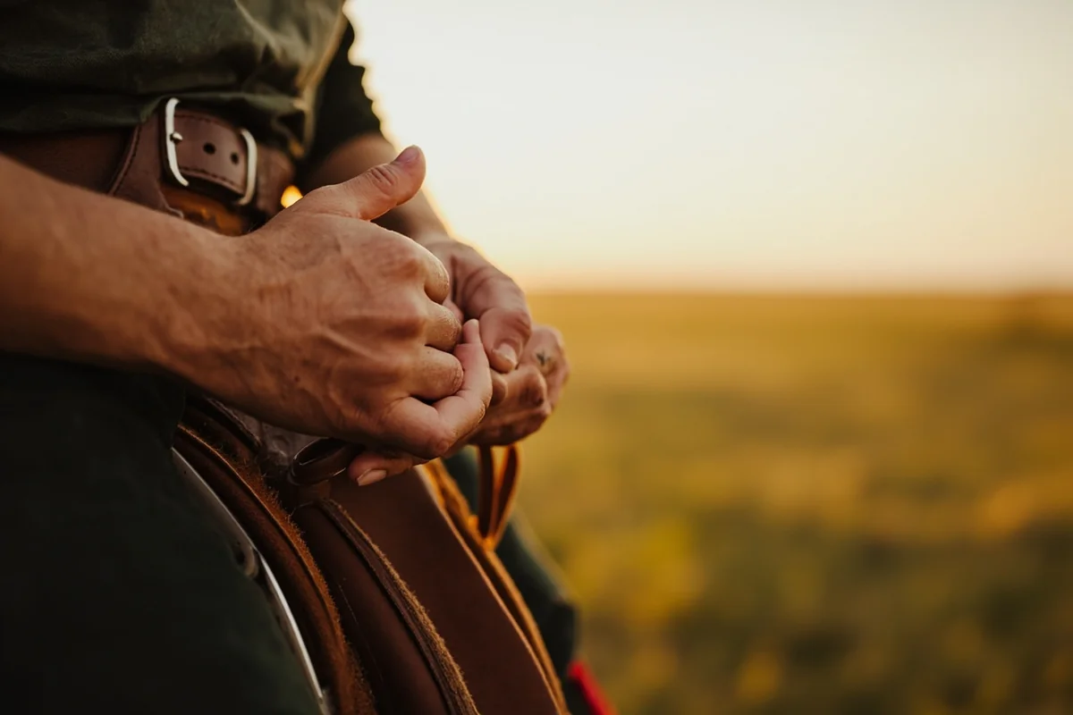 Close-up of rider's hands holding reins on horseback with Montana prairie stretching to horizon