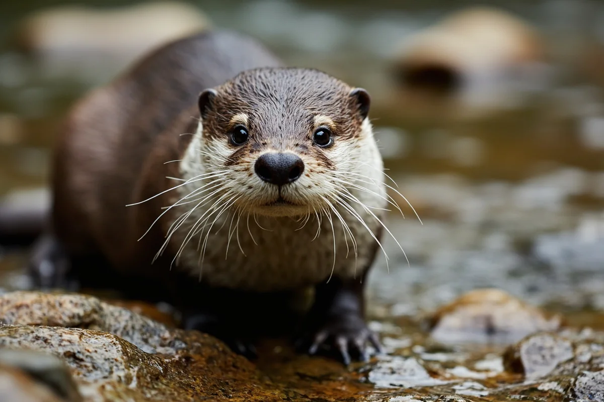 Close-up of river otter on rocky riverbank showing dense fur texture