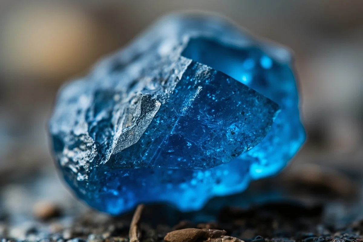 Close-up of rough Yogo sapphire showing characteristic cornflower blue color