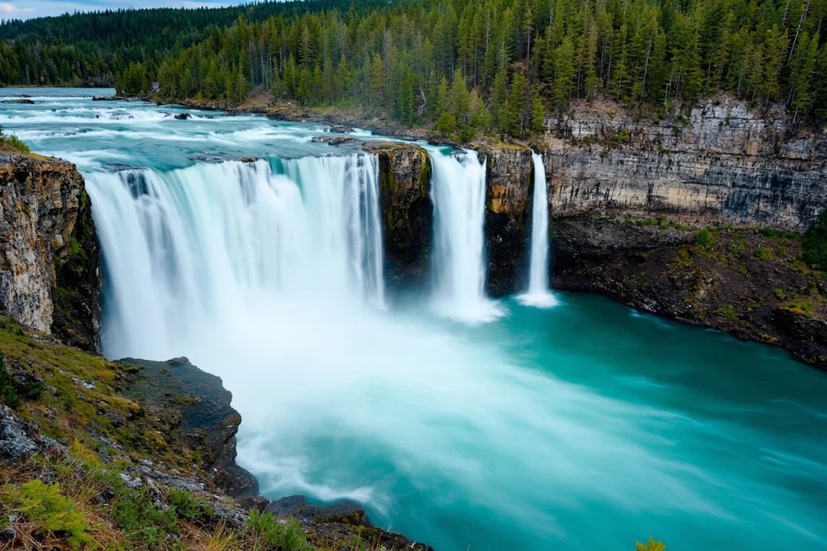 Close-up of Saint Mary Falls showing the split cascade and turquoise pool