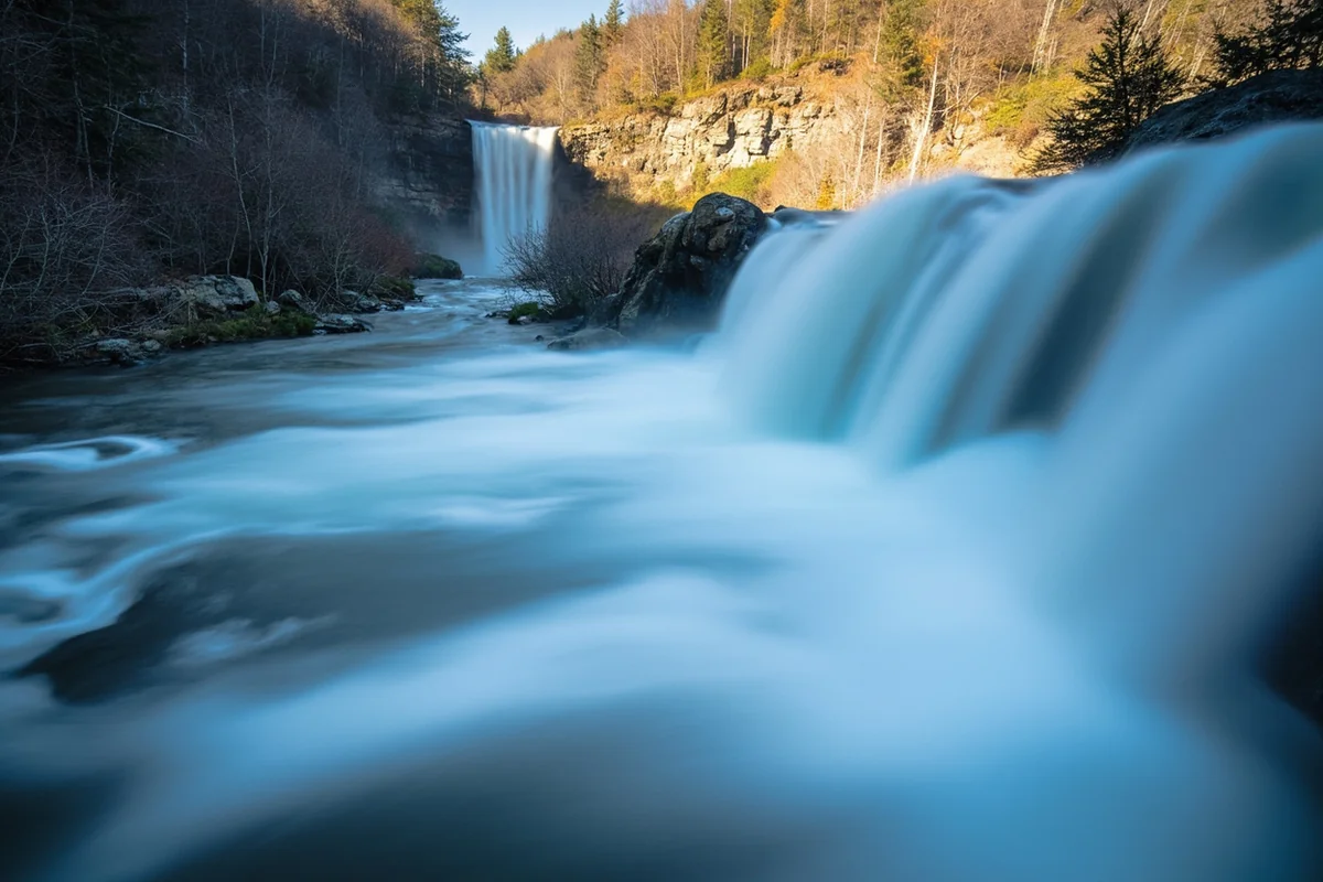 Close-up of Siksika Falls main cascade with silky water effect from long exposure