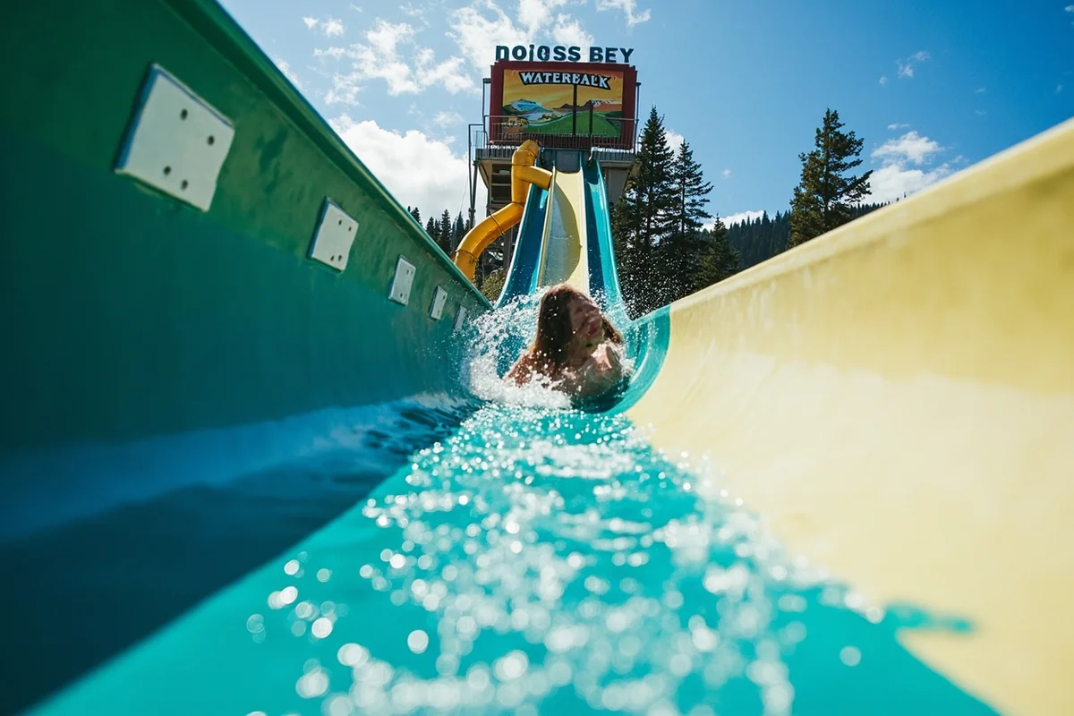 Close-up of the Geronimo slide tower at Big Sky Waterpark showing the steep drop