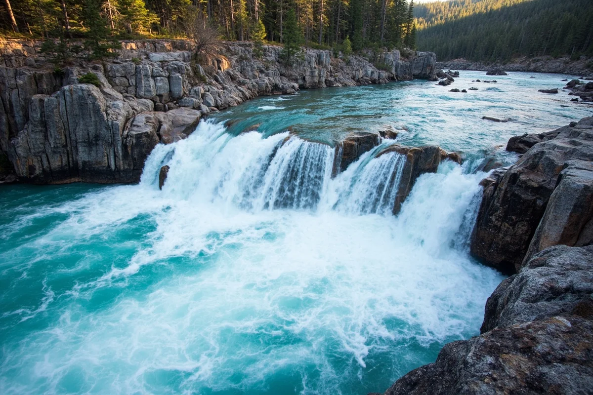 Close-up of the main cascade at Kootenai Falls showing the layered rock formations and turquoise water