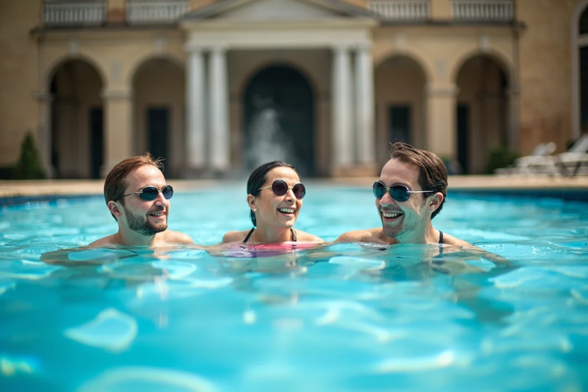 Close-up of the main pool showing swimmers relaxing in the mineral water, with the historic poolhouse visible in the background