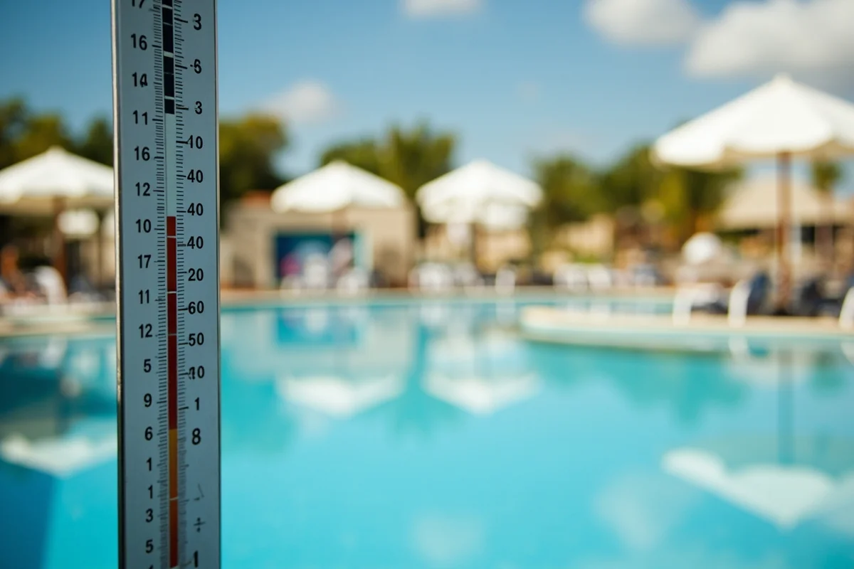 Close-up of the temperature marker signs by the outdoor pools showing different temperatures