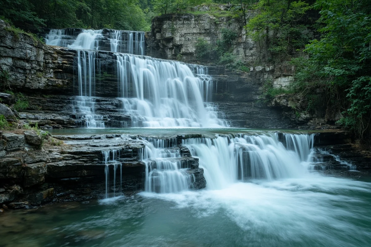 Close-up of the tiered cascade structure showing water flowing over limestone ledges