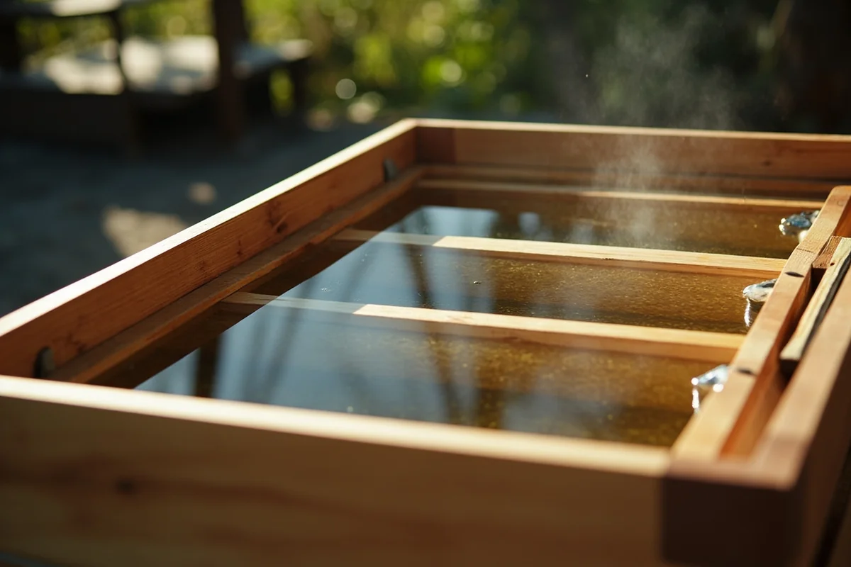 Close-up of the wooden soaking box showing construction and water clarity