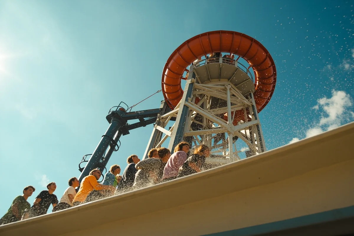 Close-up of visitors enjoying the main water slide tower