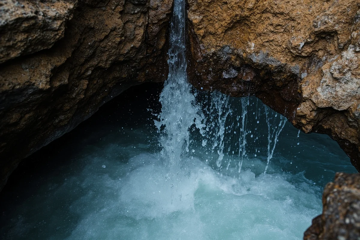 Close-up of water emerging from the natural hole in the cliff at Hole In The Wall Falls