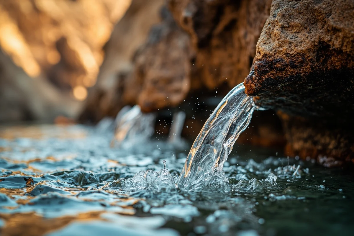 Close-up of water emerging from the rock face during low-water season