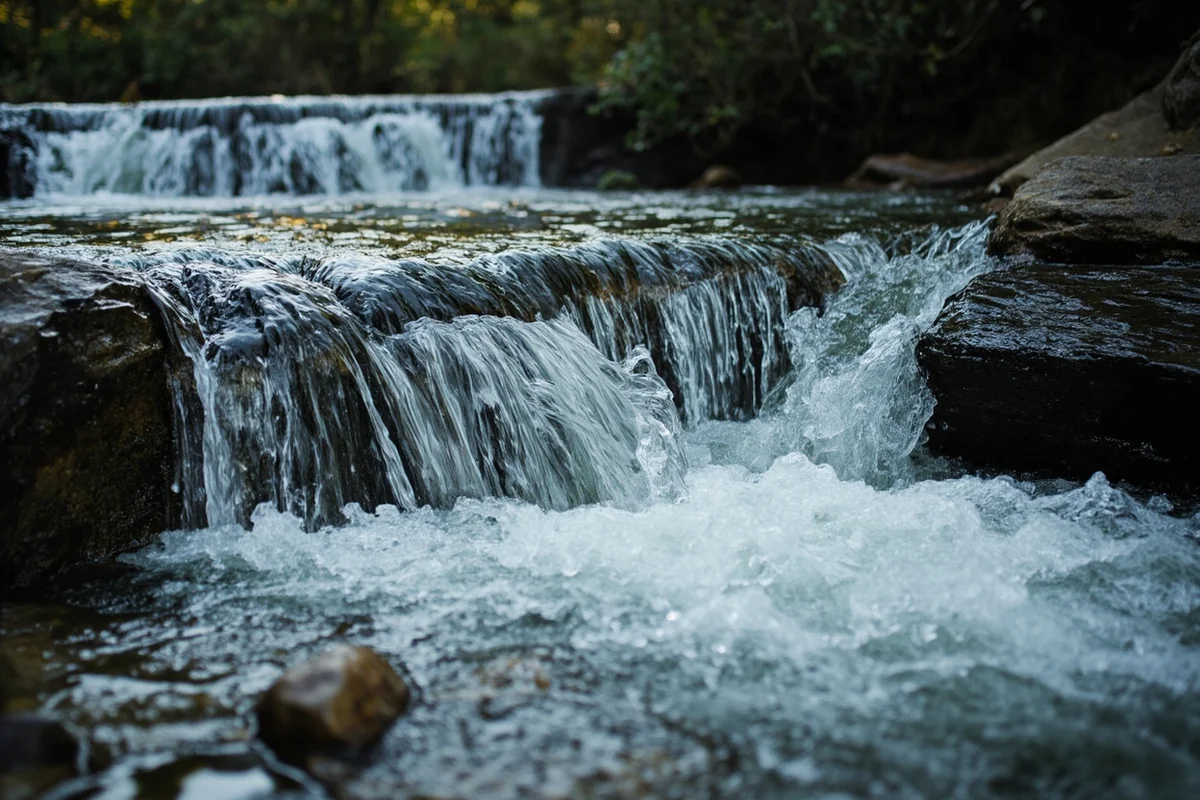 Close-up of water flowing over granite rocks near the base of Rock Creek Falls