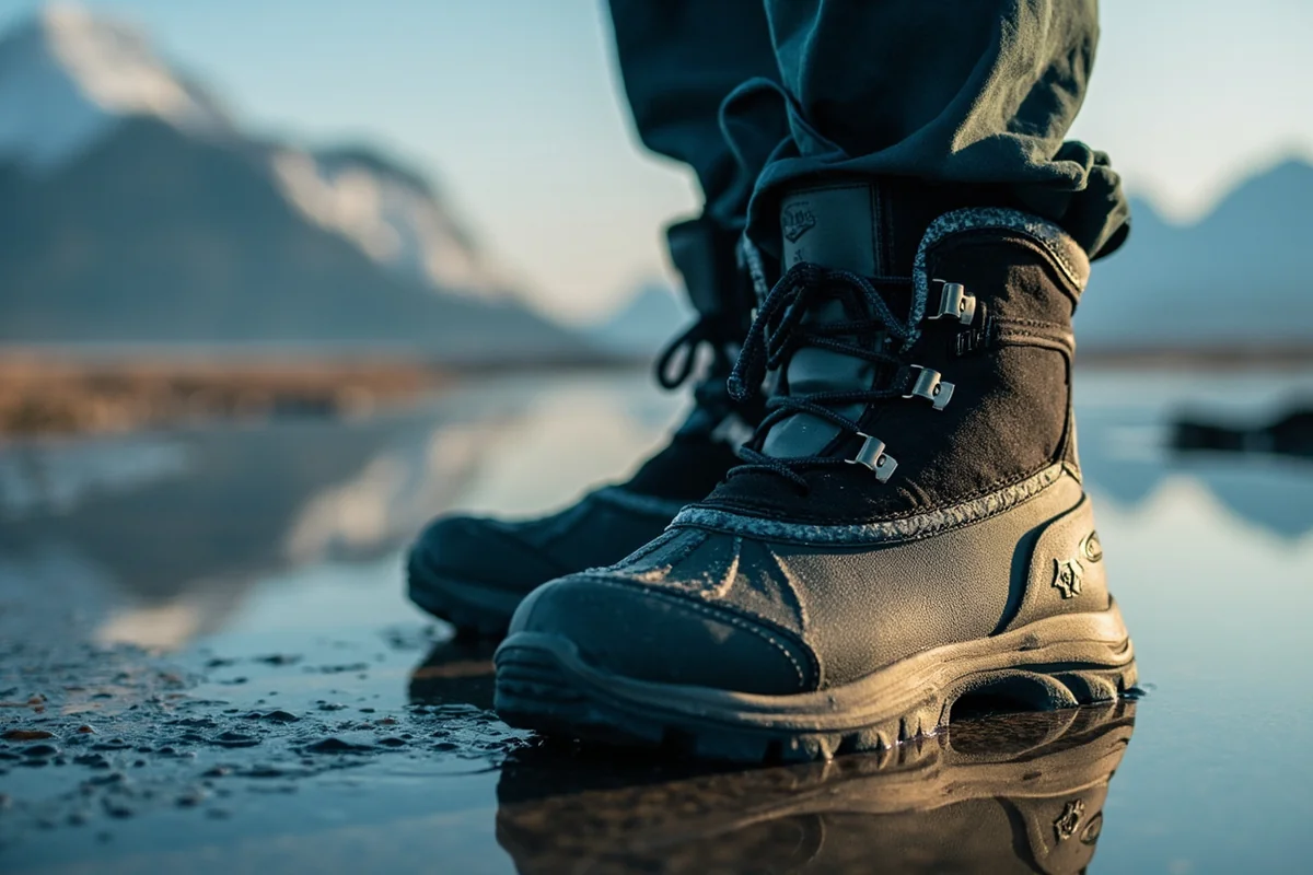Close-up of waterproof winter boot with water beading on surface