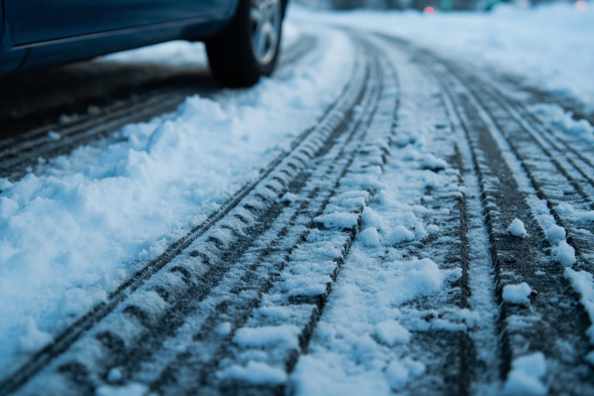 Close-up of winter tires on snowy road surface showing tread pattern