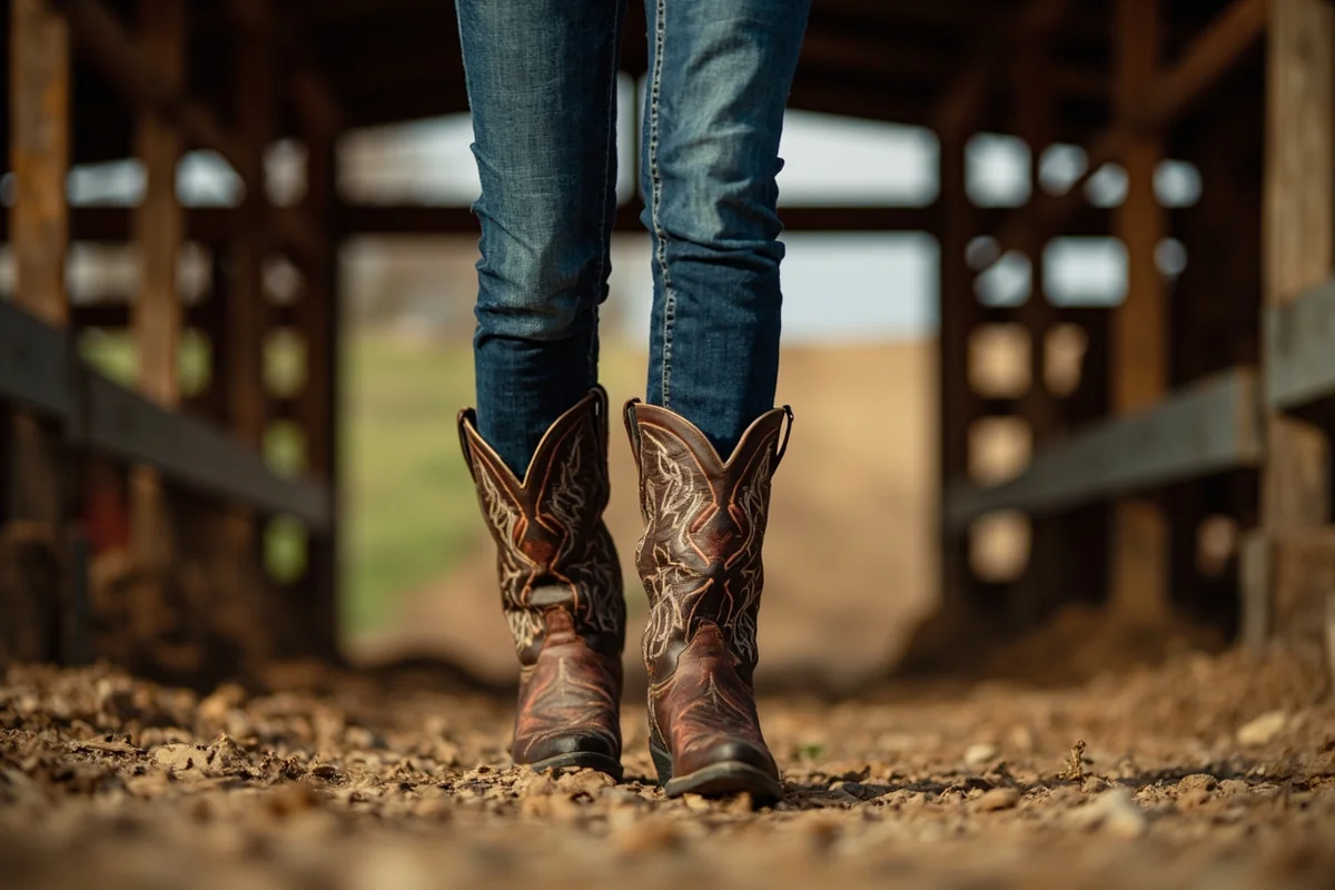 Close-up of women's cowboy boots and jeans walking through barn