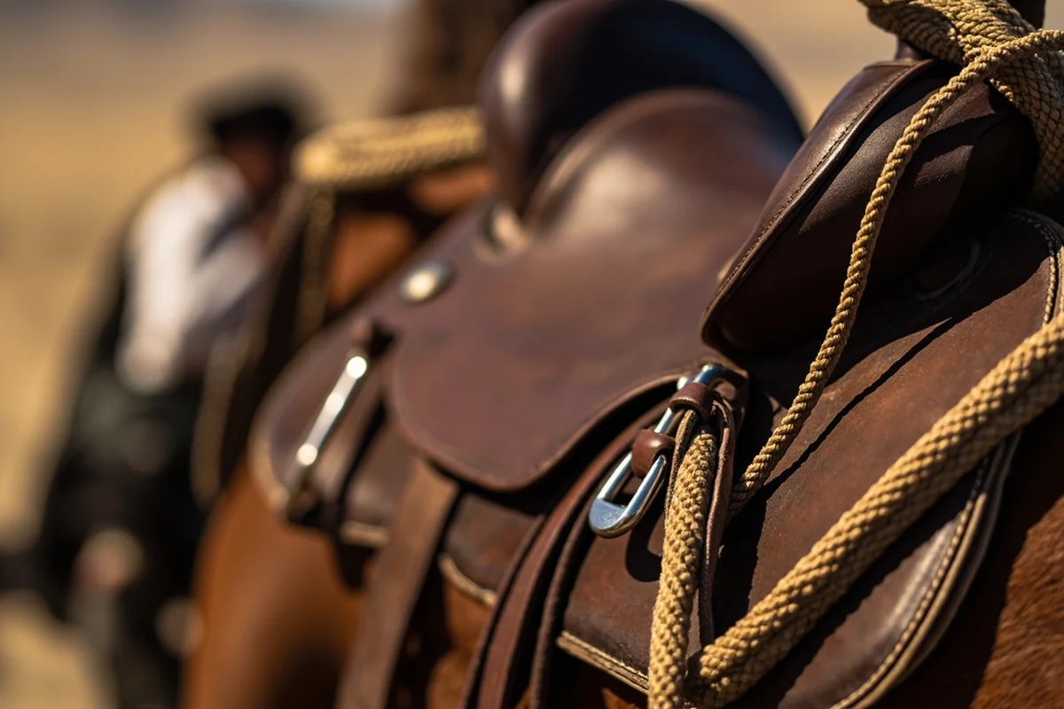 Close-up of worn leather saddle with coiled rope, showing authentic ranching equipment
