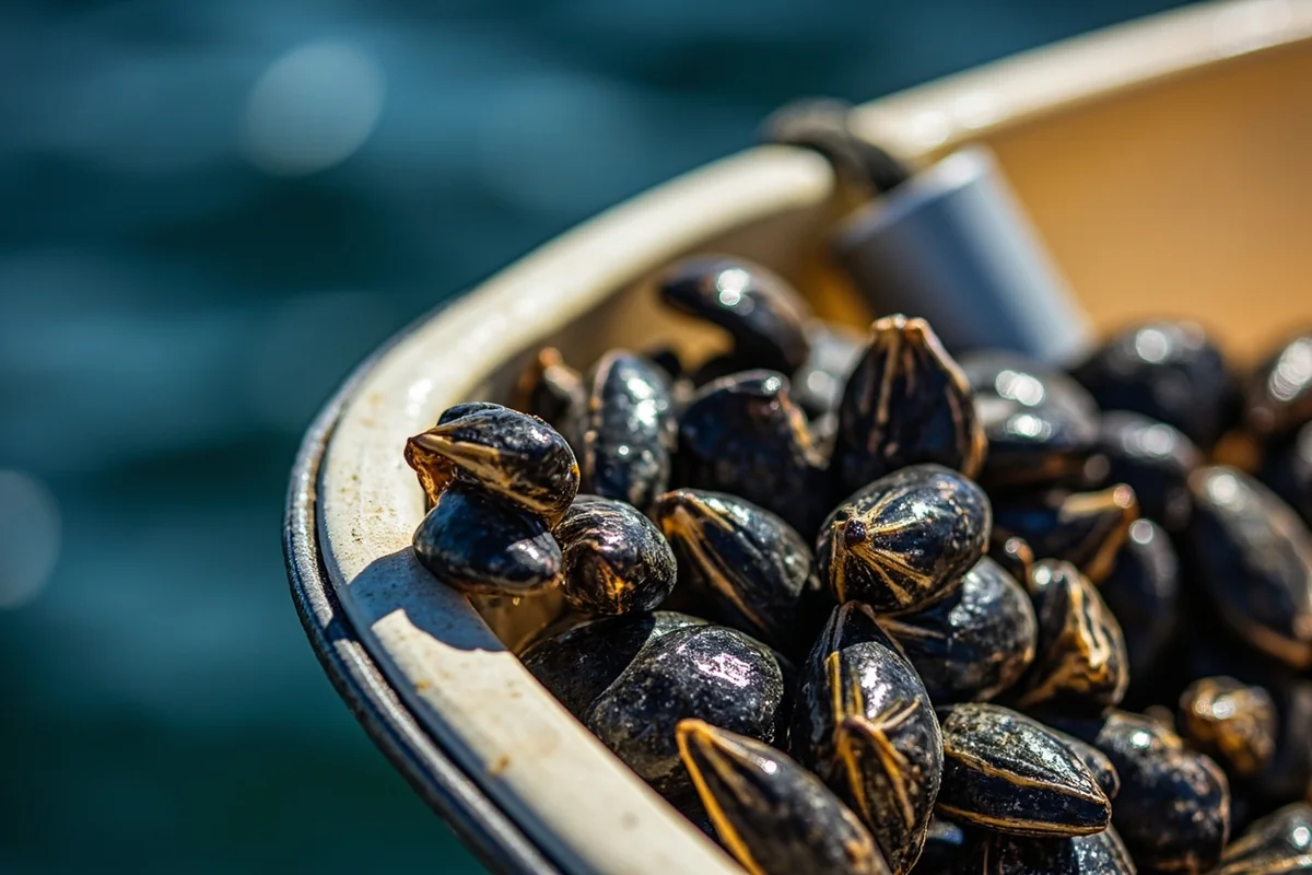 Close-up of zebra mussels attached to a boat hull or propeller