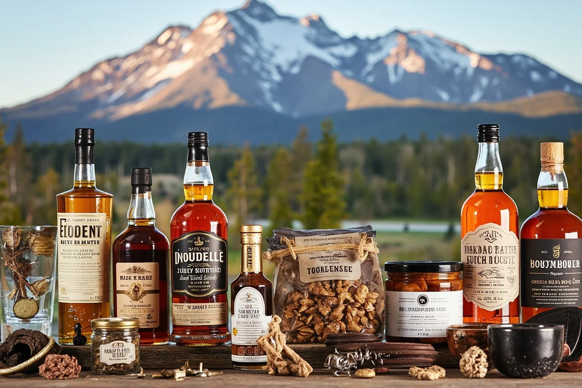 Collage of Montana brand products including whiskey bottles, outdoor gear, and artisan foods against a mountain backdrop