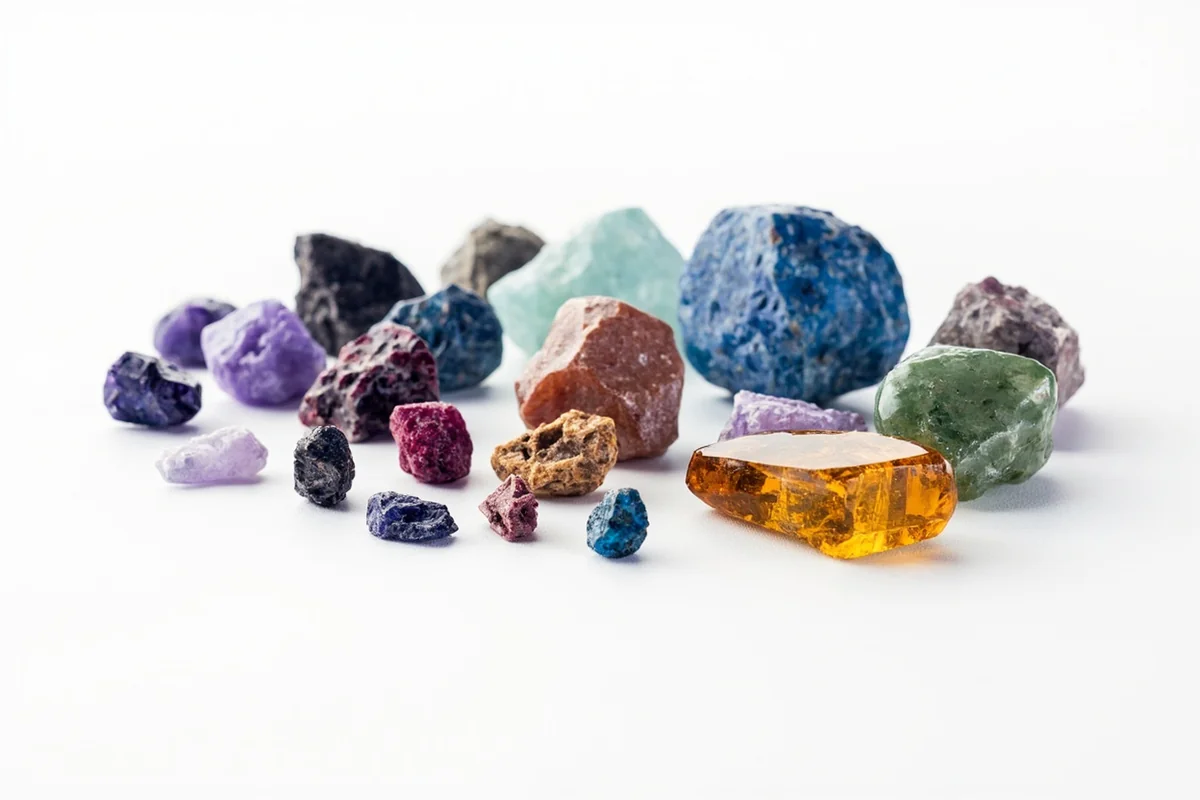 Collection of rough Montana sapphires in various colors displayed on white background