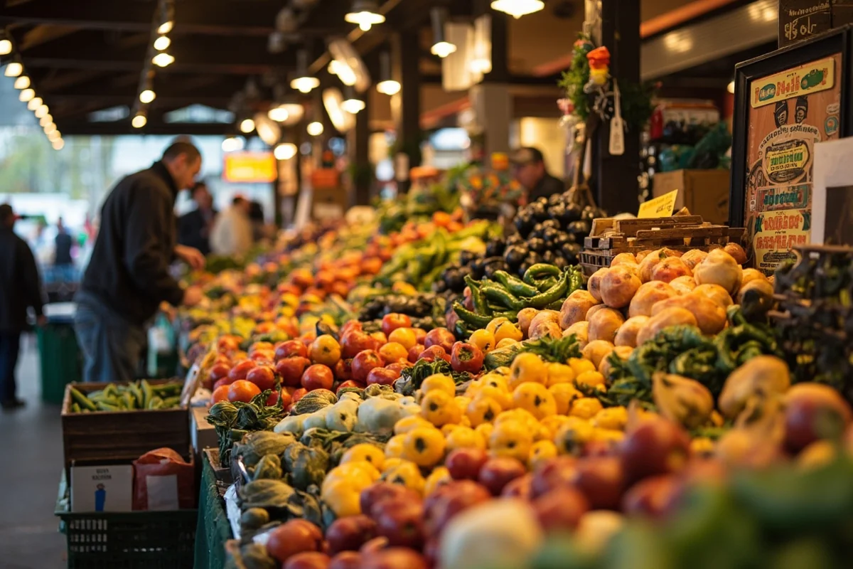 Colorful produce display at a Montana farmers market with vendor and customers